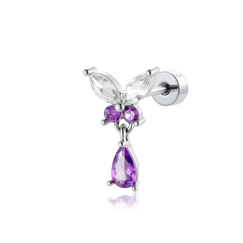 Titanium Steel Butterfly Water Drop Pendant Pierced Earrings With Micropaved Zircon For Women - Image 7