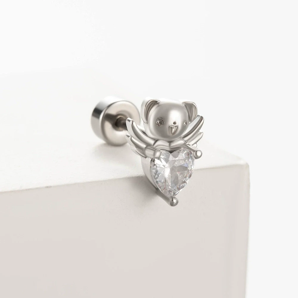 Titanium Steel Cartilage Ear Nail With Cute Bear Love Zircon Inlaid For Women - Image 5