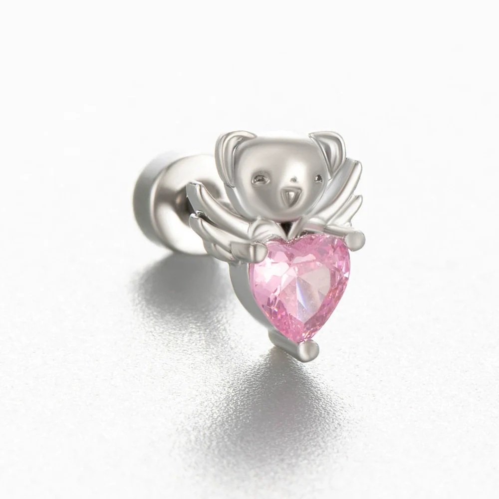 Titanium Steel Cartilage Ear Nail With Cute Bear Love Zircon Inlaid For Women - Image 6