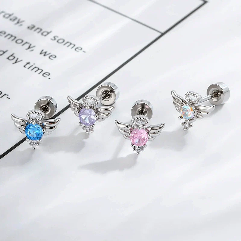 Titanium Steel Cartilage Piercing Jewelry With Angel Wings Design Set With Zircon For Women