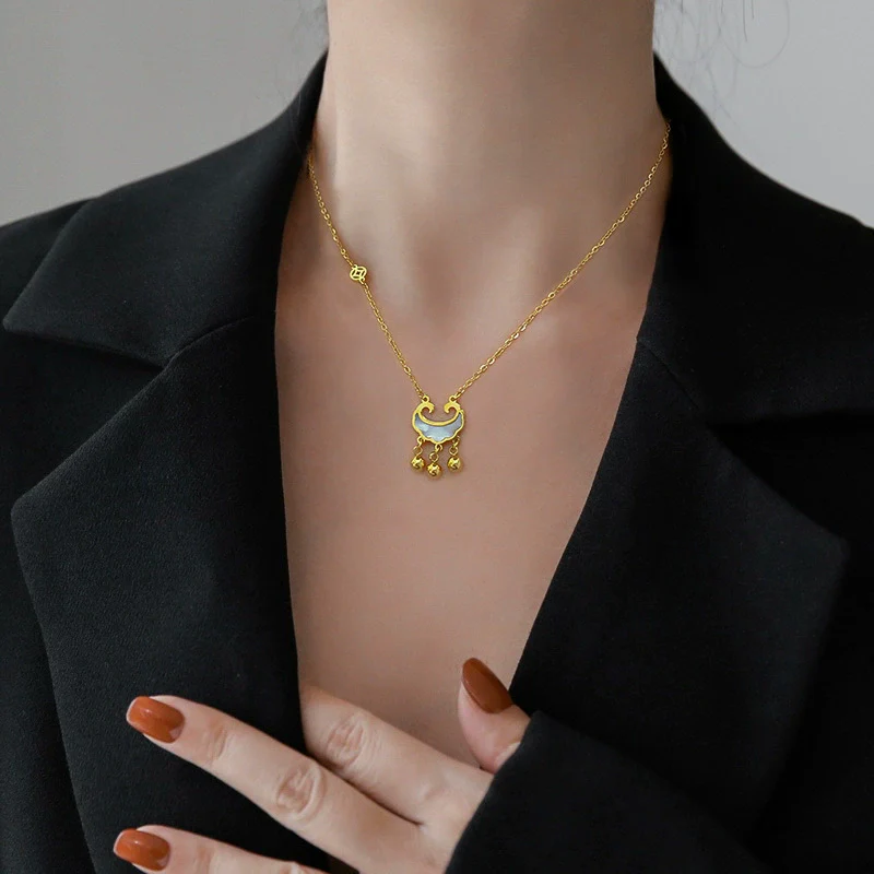 Titanium Steel Cartoon Geometric Electroplated Women's Coin Long Life Lock Fritillary Furnace Real Gold Necklace - Image 2