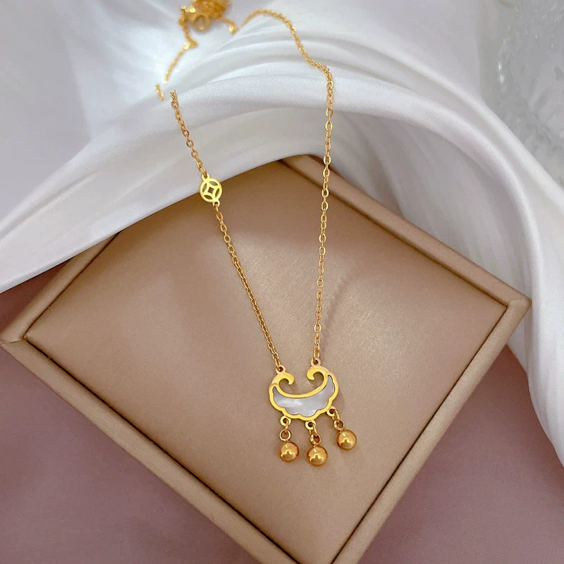 Titanium Steel Cartoon Geometric Electroplated Women's Coin Long Life Lock Fritillary Furnace Real Gold Necklace - Image 4