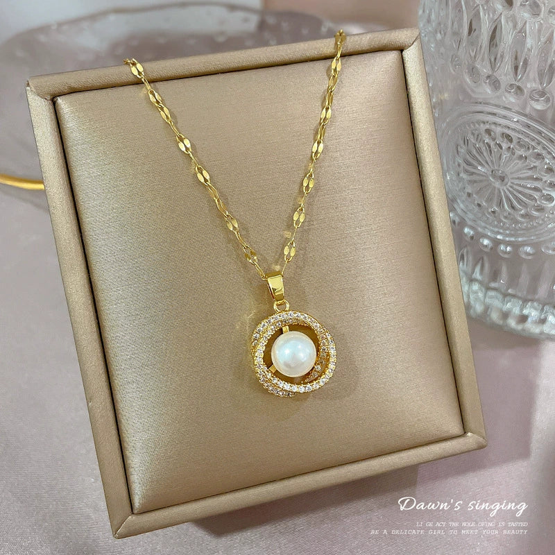Titanium Steel Copper Lip Chain Geometric Bird's Nest Pearl Cartoon Style Necklace Set With Diamonds Unisex - Image 2