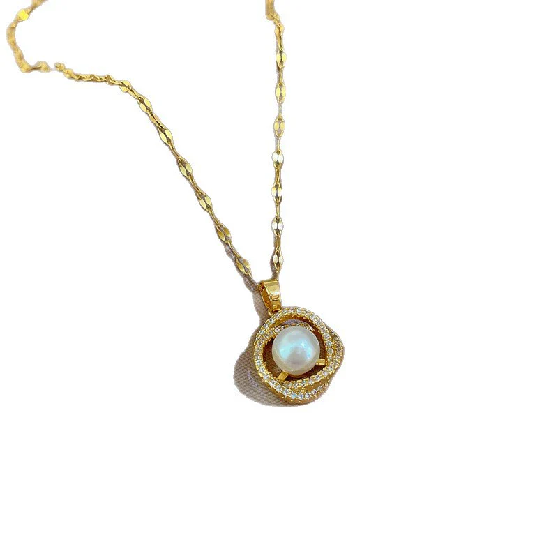 Titanium Steel Copper Lip Chain Geometric Bird's Nest Pearl Cartoon Style Necklace Set With Diamonds Unisex - Image 5