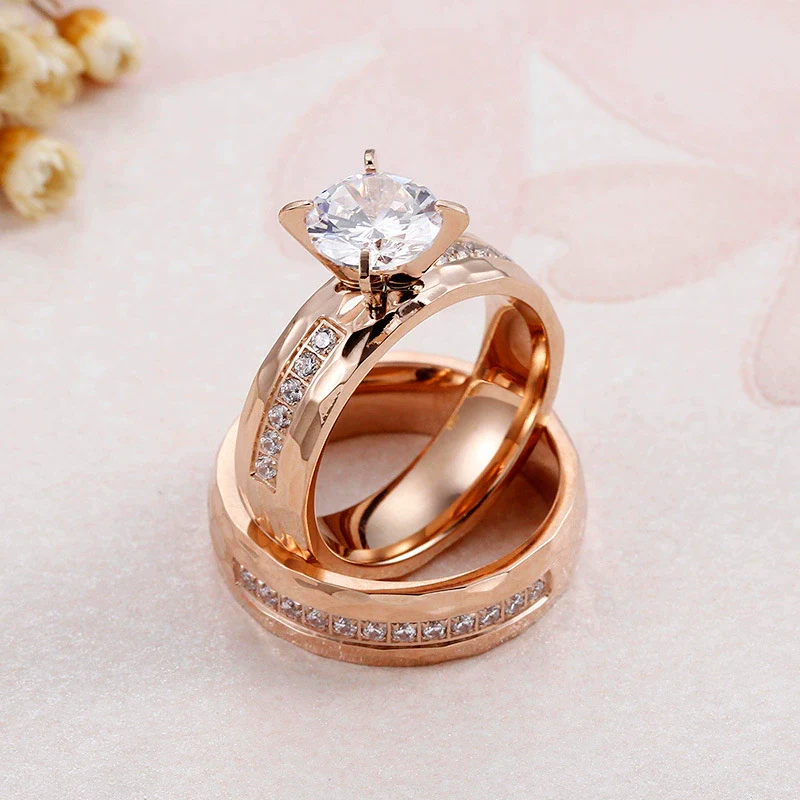 Titanium Steel Couple's Ring With Microinlaid Diamond Hammered Texture And Electroplating - Image 4