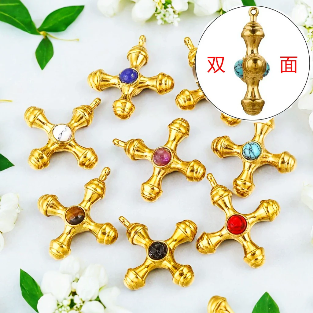 Titanium Steel Cross Pendant Clavicle Chain With Natural Tiger Eye Stone Light Luxury Retro Style