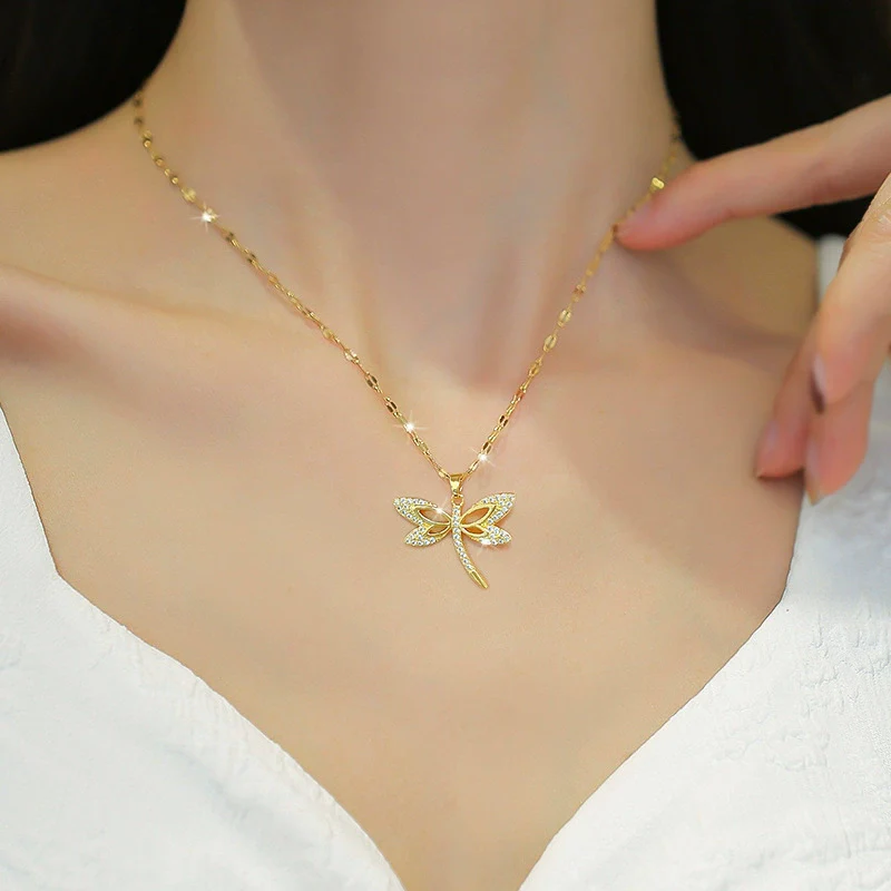 Titanium Steel Dragonfly Microinlaid Real Gold Geometric Women's Necklace With Diamond Treatment - Image 2
