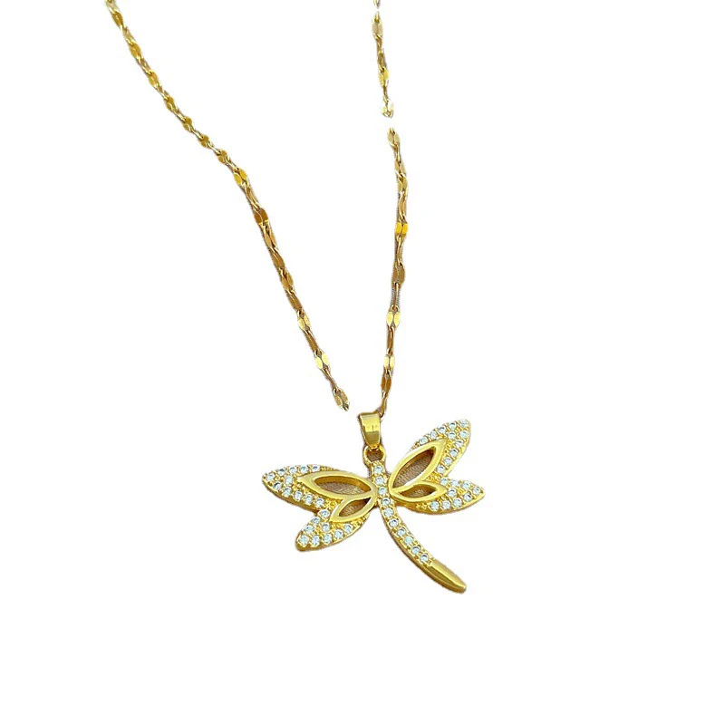 Titanium Steel Dragonfly Microinlaid Real Gold Geometric Women's Necklace With Diamond Treatment - Image 5