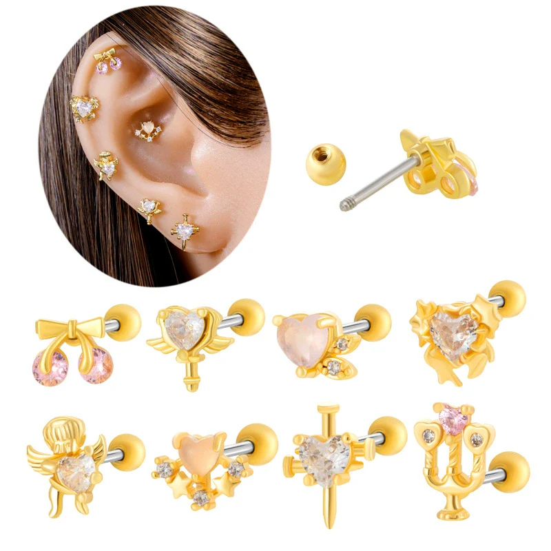 Titanium Steel Ear Studs With Copper Inlaid Zircon Angel Love Cherry Bow And Flower Pattern Electroplated For Women