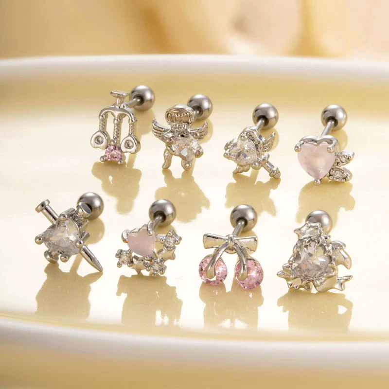 Titanium Steel Ear Studs With Copper Inlaid Zircon Angel Love Cherry Bow And Flower Pattern Electroplated For Women - Image 3