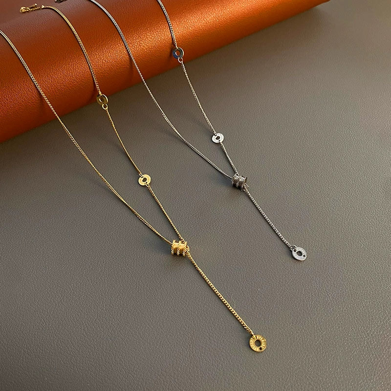 Titanium Steel Elegant Circle Tassel Clavicle Chain Necklace With Electroplating And Geometric Design For Women