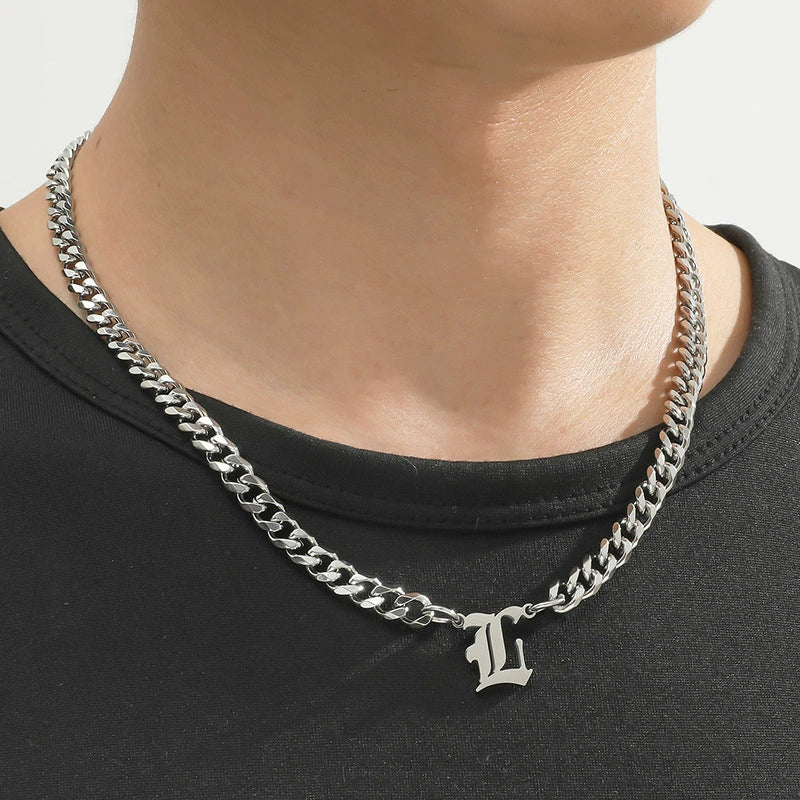 Titanium Steel English Alphabet Pendant Necklace With Cuban Chain Electroplating Hip Hop Fashion Style - Image 13