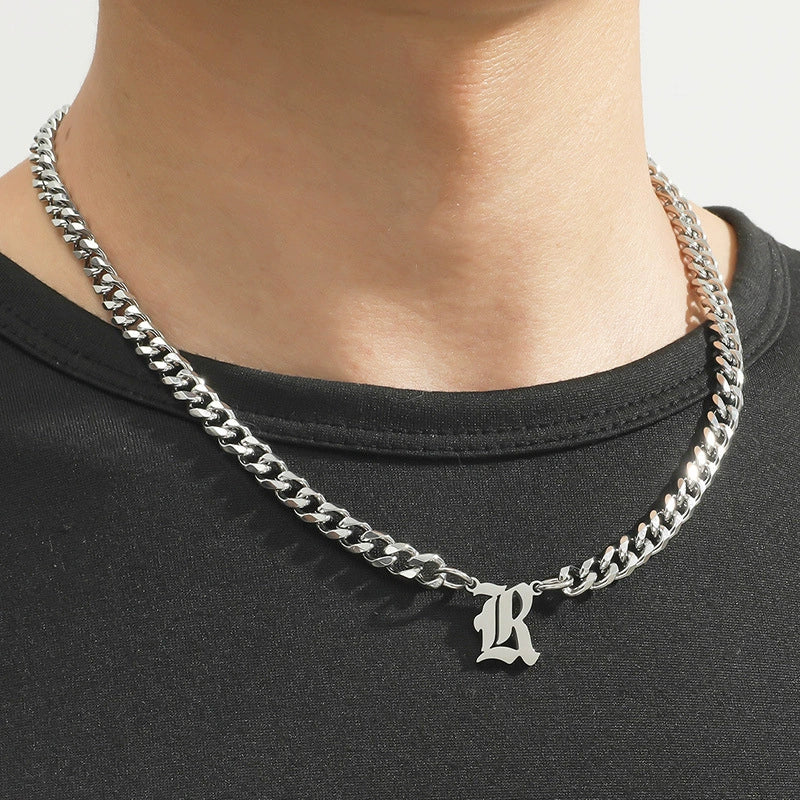 Titanium Steel English Alphabet Pendant Necklace With Cuban Chain Electroplating Hip Hop Fashion Style - Image 25
