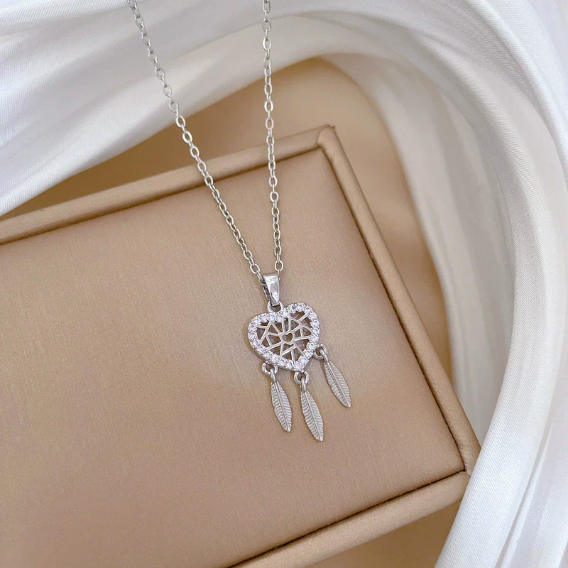 Titanium Steel Feather Dream Mesh Necklace With Microinlaid Real Gold Geometric Design For Women - Image 3