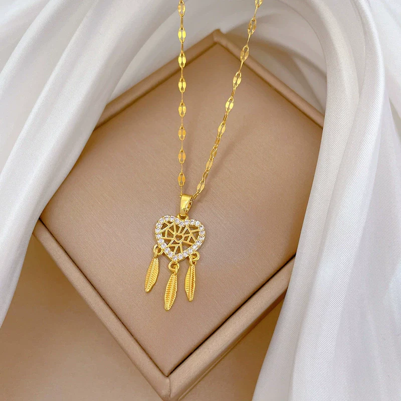 Titanium Steel Feather Dream Mesh Necklace With Microinlaid Real Gold Geometric Design For Women - Image 4
