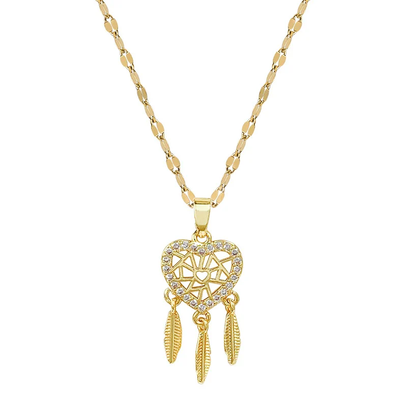 Titanium Steel Feather Dream Mesh Necklace With Microinlaid Real Gold Geometric Design For Women - Image 5
