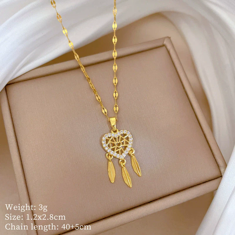 Titanium Steel Feather Dream Mesh Necklace With Microinlaid Real Gold Geometric Design For Women - Image 6