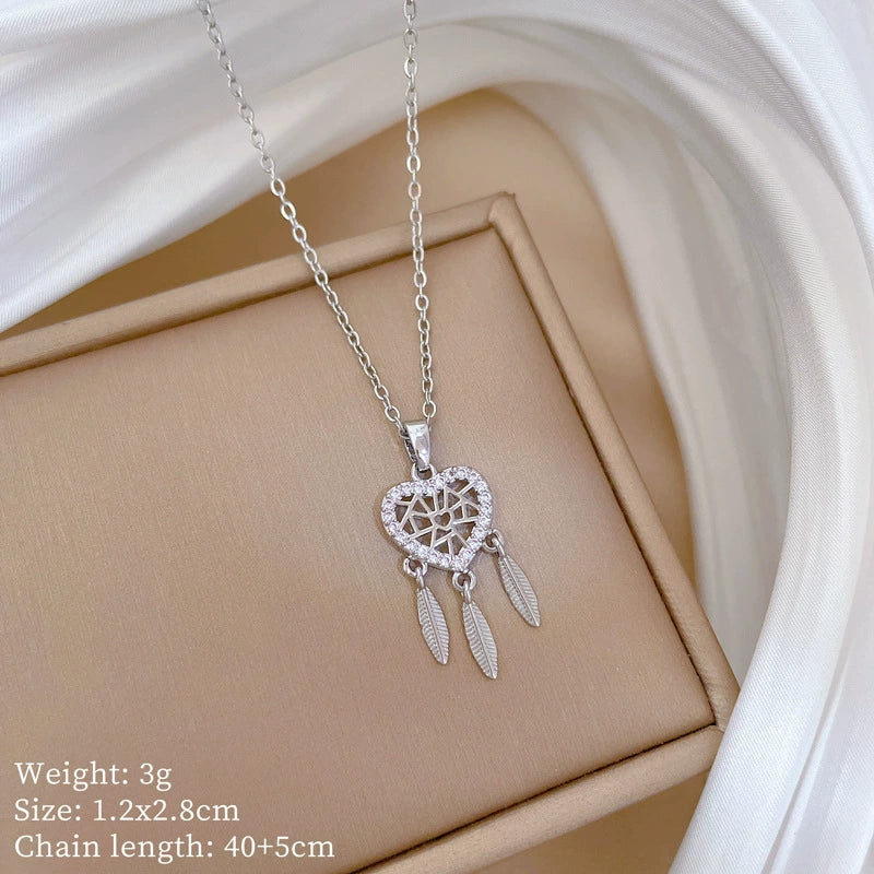 Titanium Steel Feather Dream Mesh Necklace With Microinlaid Real Gold Geometric Design For Women - Image 7