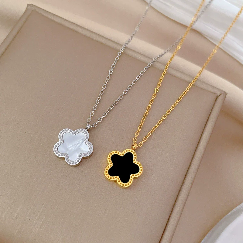 Titanium Steel Five Leaf Flower Double Sided Cartoon Style Electroplated Necklace