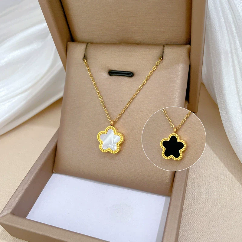 Titanium Steel Five Leaf Flower Double Sided Cartoon Style Electroplated Necklace - Image 3