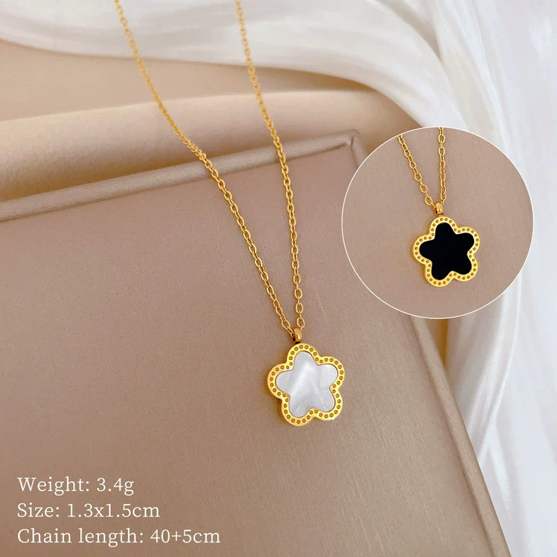 Titanium Steel Five Leaf Flower Double Sided Cartoon Style Electroplated Necklace - Image 6