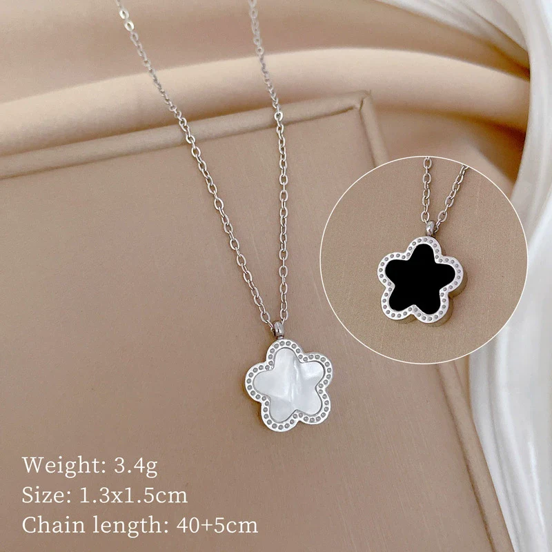 Titanium Steel Five Leaf Flower Double Sided Cartoon Style Electroplated Necklace - Image 7