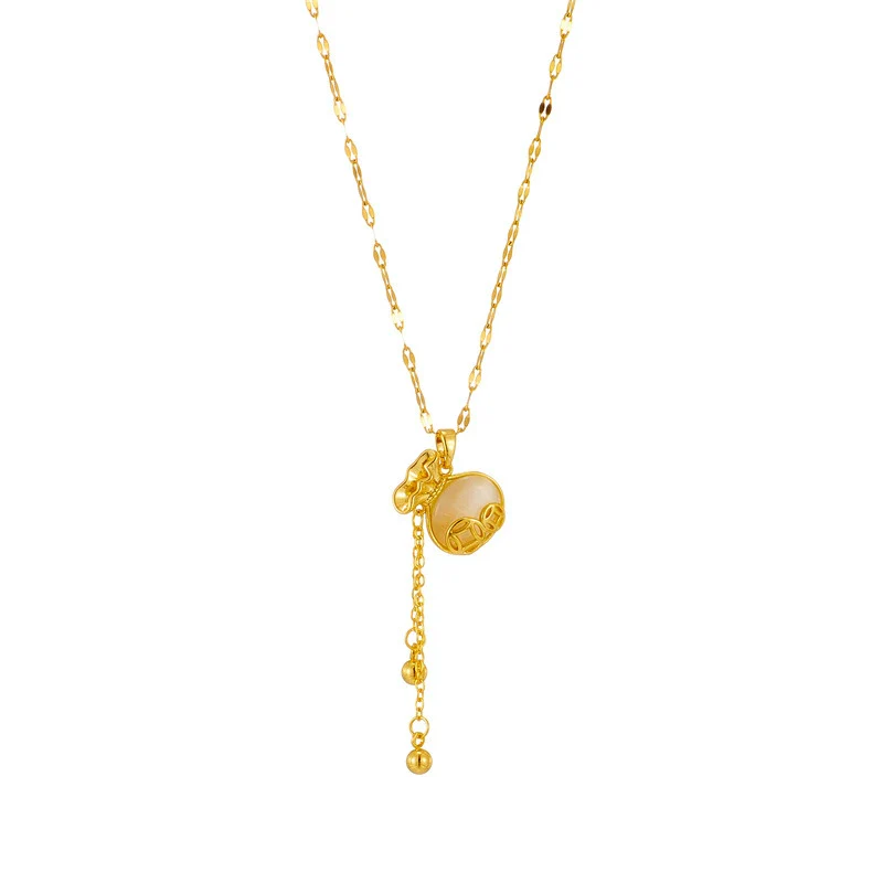 Titanium Steel Geometric Coin Pendant Tassel Clavicle Chain With Gold Inlaid And Water Wave Chain Style - Image 5
