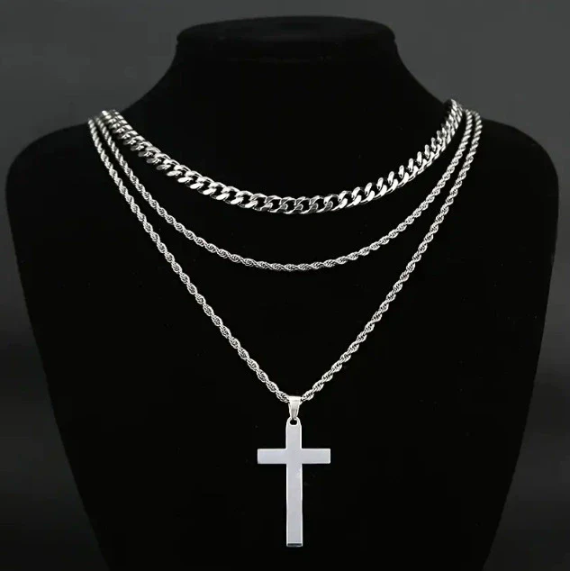 Titanium Steel Geometric Double Layer Cross Pendant Necklace With Cuban Chain And Electroplating Treatment