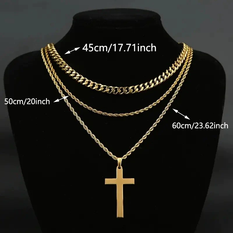 Titanium Steel Geometric Double Layer Cross Pendant Necklace With Cuban Chain And Electroplating Treatment - Image 2