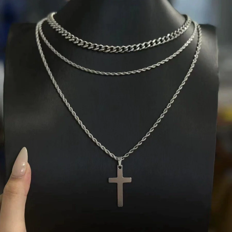 Titanium Steel Geometric Double Layer Cross Pendant Necklace With Cuban Chain And Electroplating Treatment - Image 3