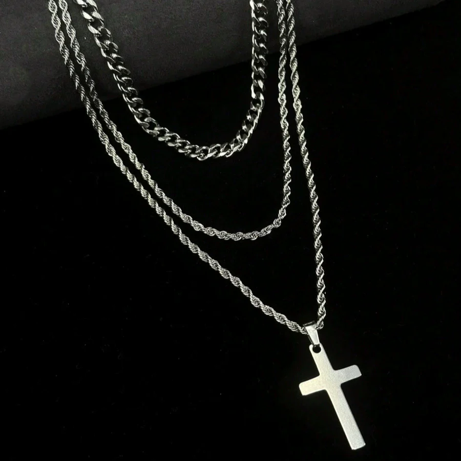 Titanium Steel Geometric Double Layer Cross Pendant Necklace With Cuban Chain And Electroplating Treatment - Image 4