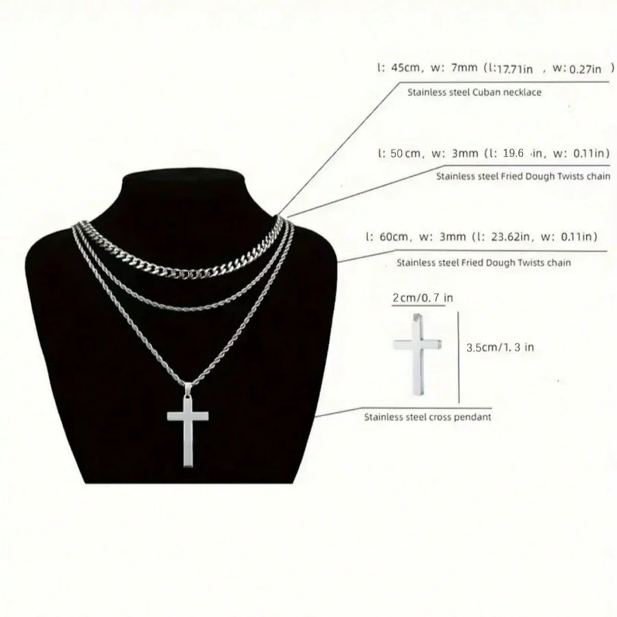 Titanium Steel Geometric Double Layer Cross Pendant Necklace With Cuban Chain And Electroplating Treatment - Image 5