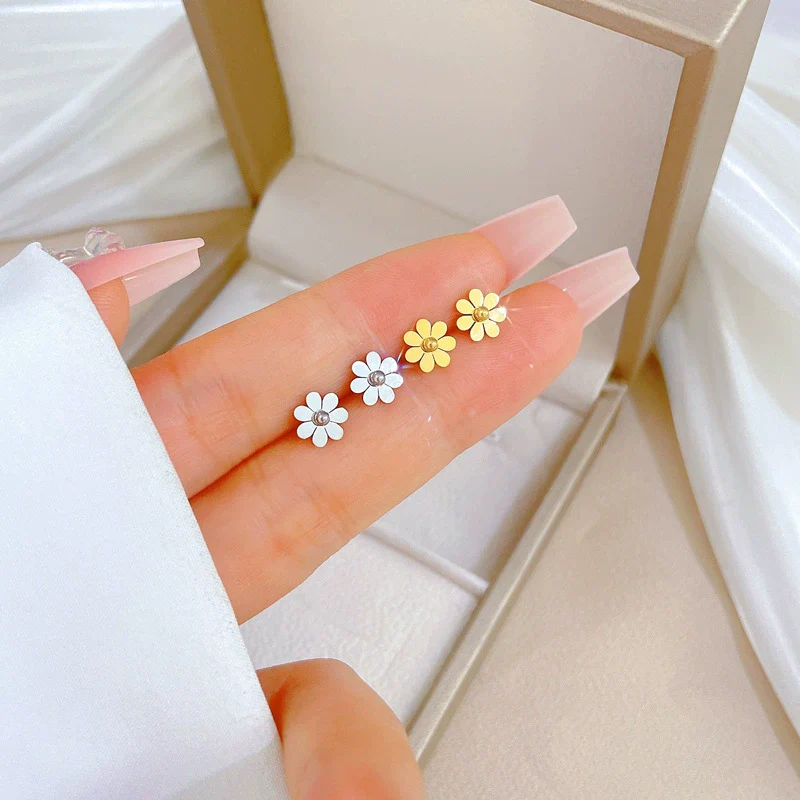 Titanium Steel Geometric Electroplated Earrings For Women With Mori Flower Minimalist Style