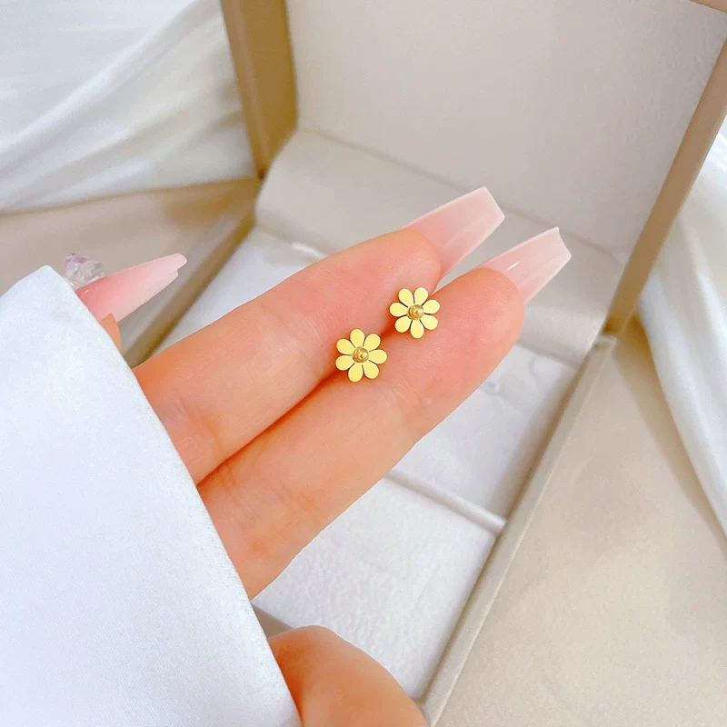 Titanium Steel Geometric Electroplated Earrings For Women With Mori Flower Minimalist Style - Image 3