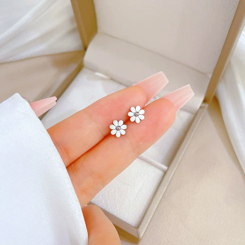Titanium Steel Geometric Electroplated Earrings For Women With Mori Flower Minimalist Style - Image 4