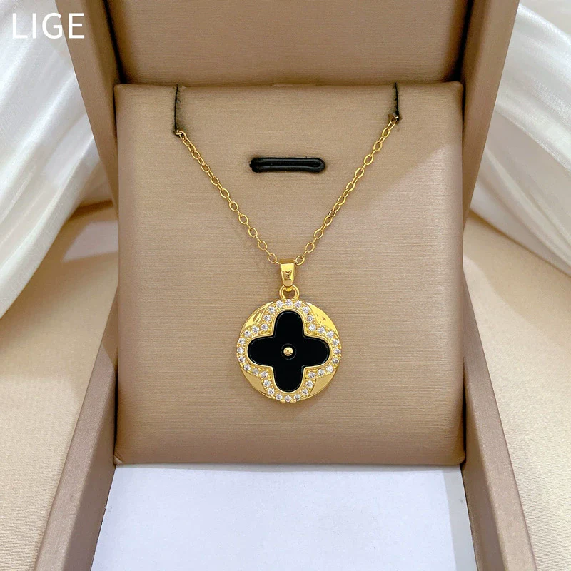 Titanium Steel Geometric Four Leaf Flower Zircon Electroplating Women's Necklace Earrings Set - Image 3