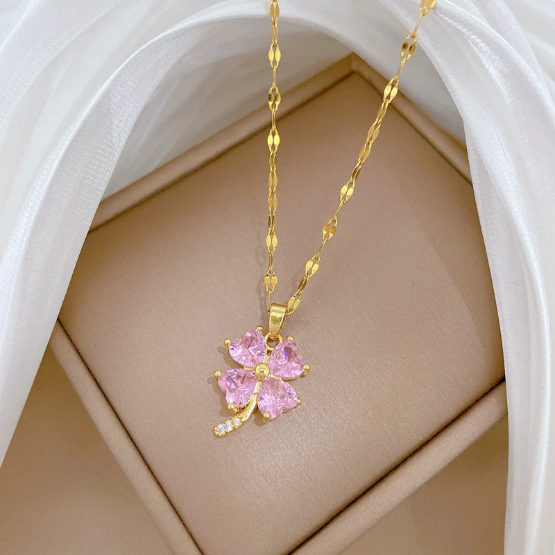Titanium Steel Geometric Four Leaf Zircon Pendant Necklace For Women With Cartoon And Plant Flower Style Diamond Design - Image 2