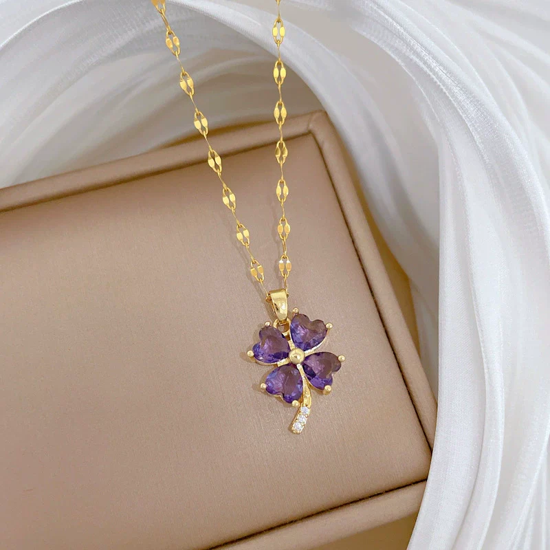 Titanium Steel Geometric Four Leaf Zircon Pendant Necklace For Women With Cartoon And Plant Flower Style Diamond Design - Image 3