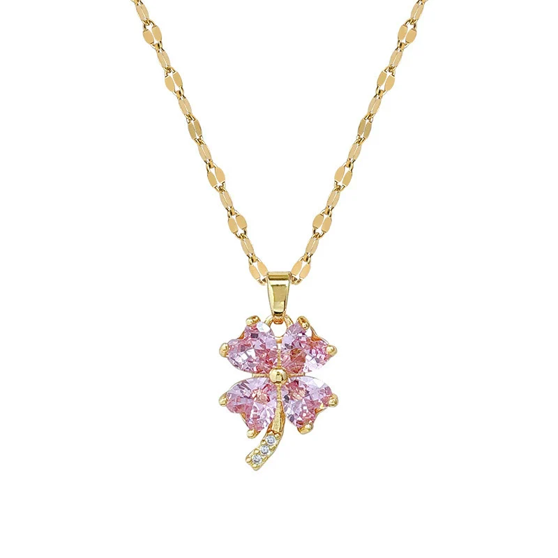 Titanium Steel Geometric Four Leaf Zircon Pendant Necklace For Women With Cartoon And Plant Flower Style Diamond Design - Image 4