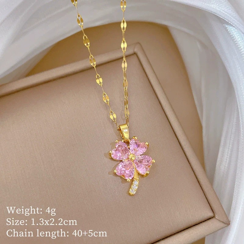 Titanium Steel Geometric Four Leaf Zircon Pendant Necklace For Women With Cartoon And Plant Flower Style Diamond Design - Image 5