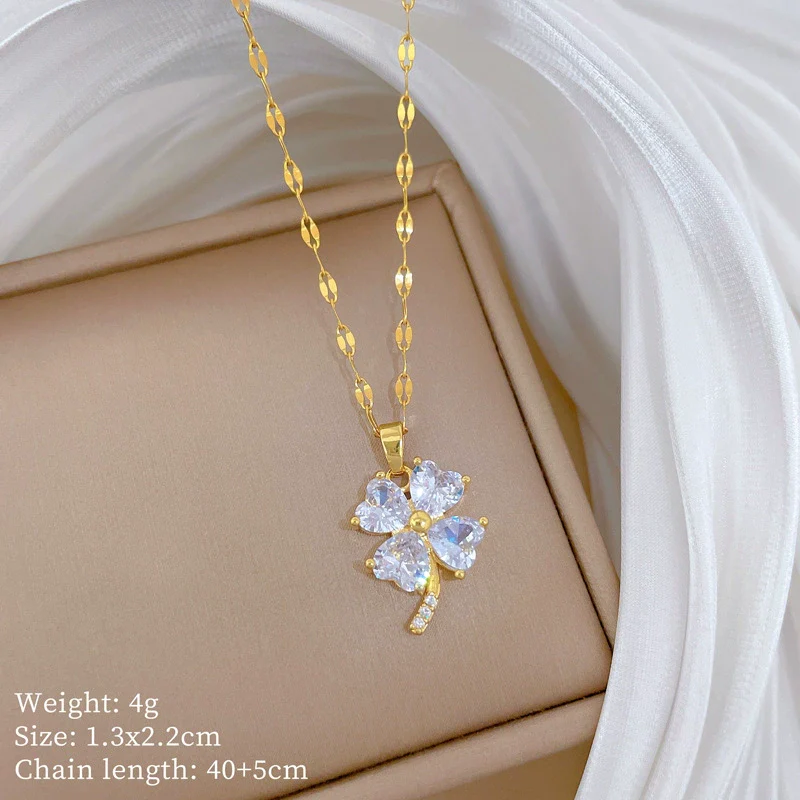 Titanium Steel Geometric Four Leaf Zircon Pendant Necklace For Women With Cartoon And Plant Flower Style Diamond Design - Image 6
