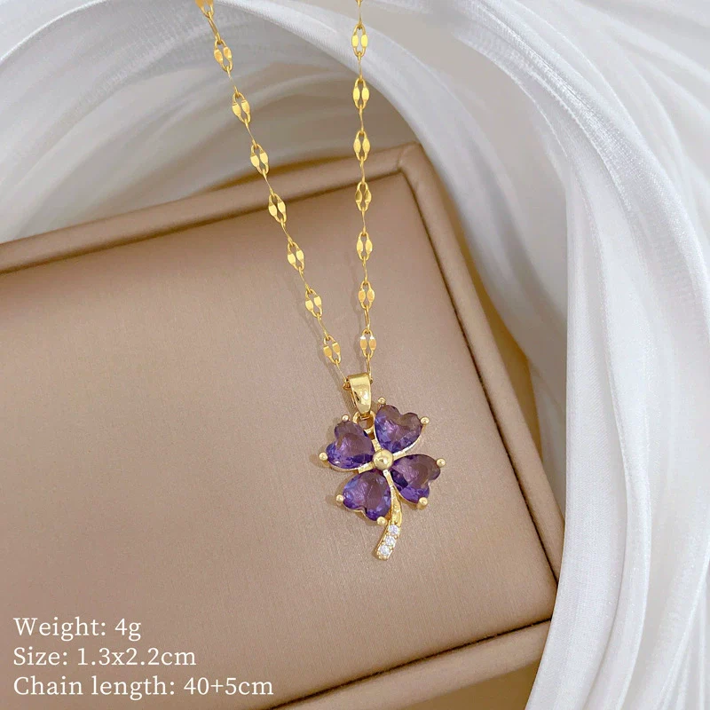 Titanium Steel Geometric Four Leaf Zircon Pendant Necklace For Women With Cartoon And Plant Flower Style Diamond Design - Image 7