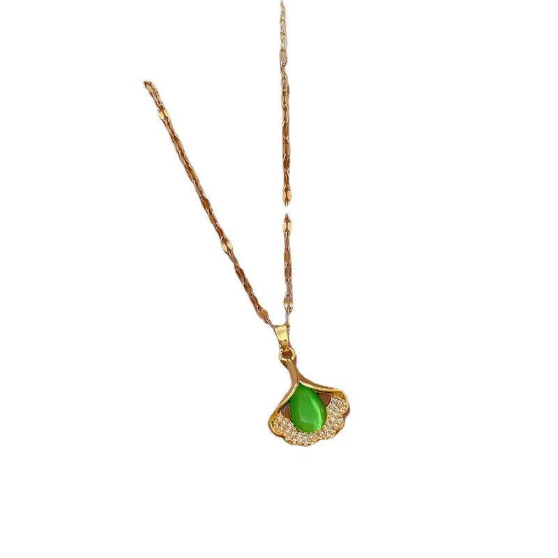 Titanium Steel Geometric Ginkgo Leaf Microinlaid True Gold Women's Necklace - Image 5