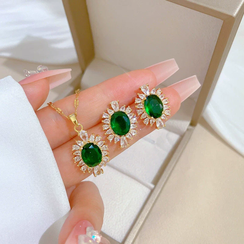 Titanium Steel Geometric Horse Eye Light Luxury Microinlaid Electroplated Women's Necklace Earrings Set