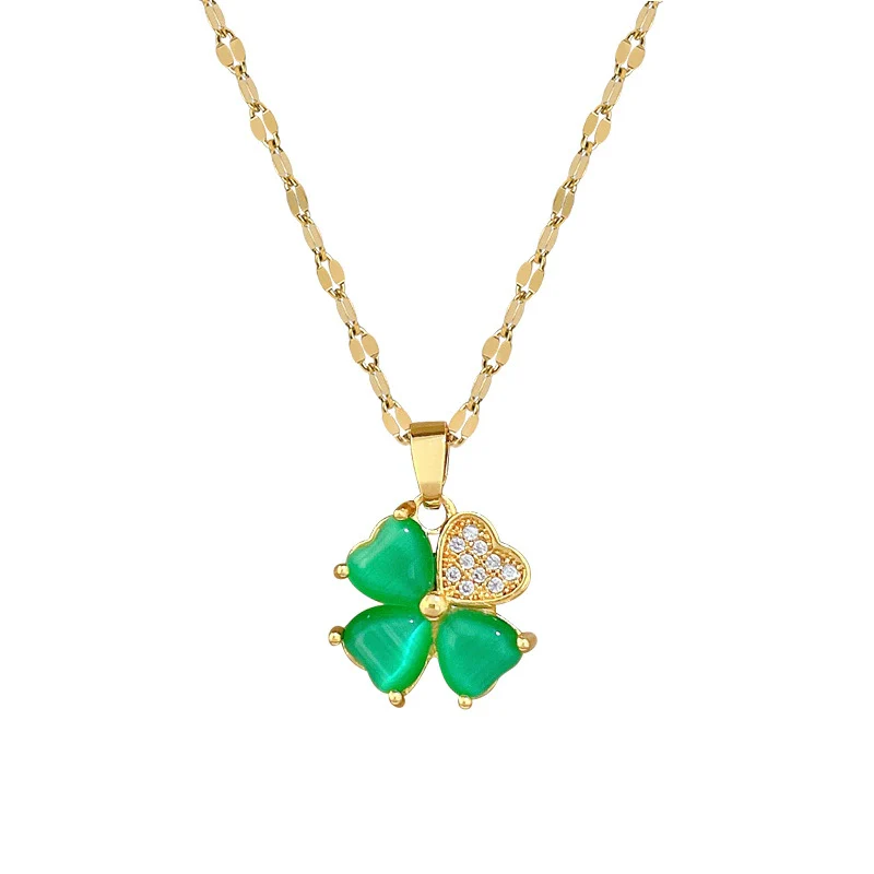 Titanium Steel Geometric Lucky Grass Microinlaid Real Gold Zircon Necklace Cartoon Style - Image 5