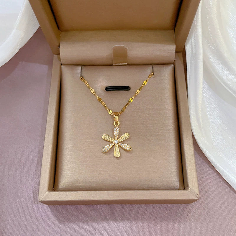 Titanium Steel Geometric Microinlaid Zircon Sprouting Large Flower Women's Necklace Copper Electroplated Gold Pendant - Image 3