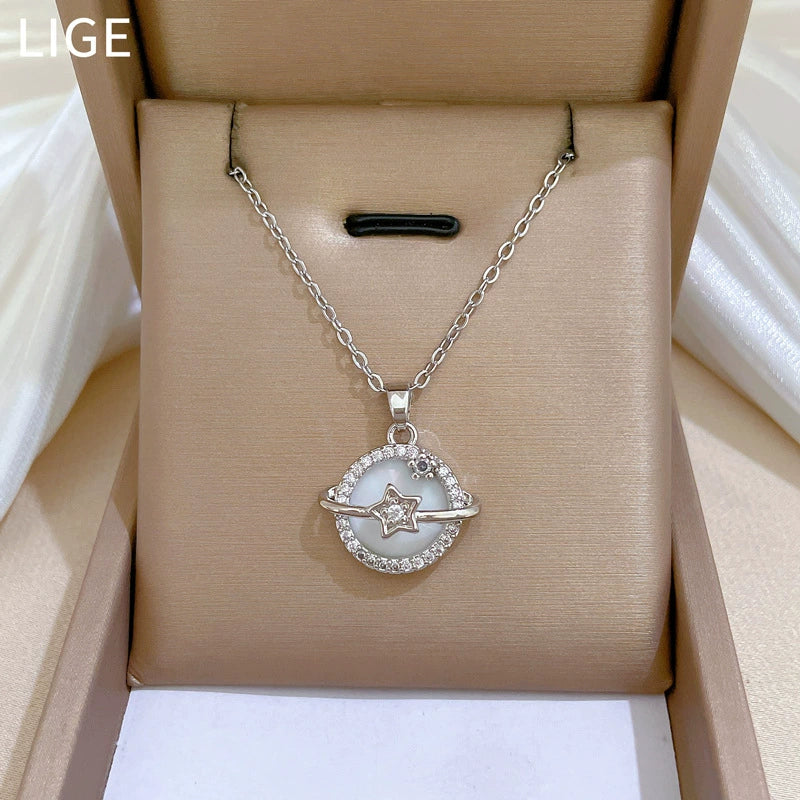 Titanium Steel Geometric Pendant Unisex Necklace With Shell Planet Zircon Design - Image 4