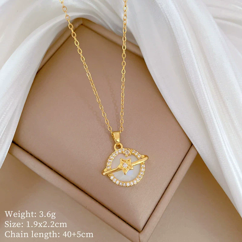 Titanium Steel Geometric Pendant Unisex Necklace With Shell Planet Zircon Design - Image 6