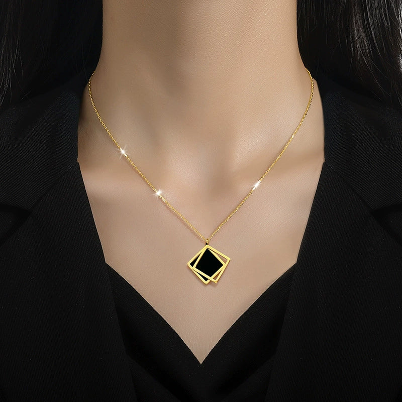 Titanium Steel Geometric Square Necklace With Furnace Real Gold Electroplating For Unisex - Image 2