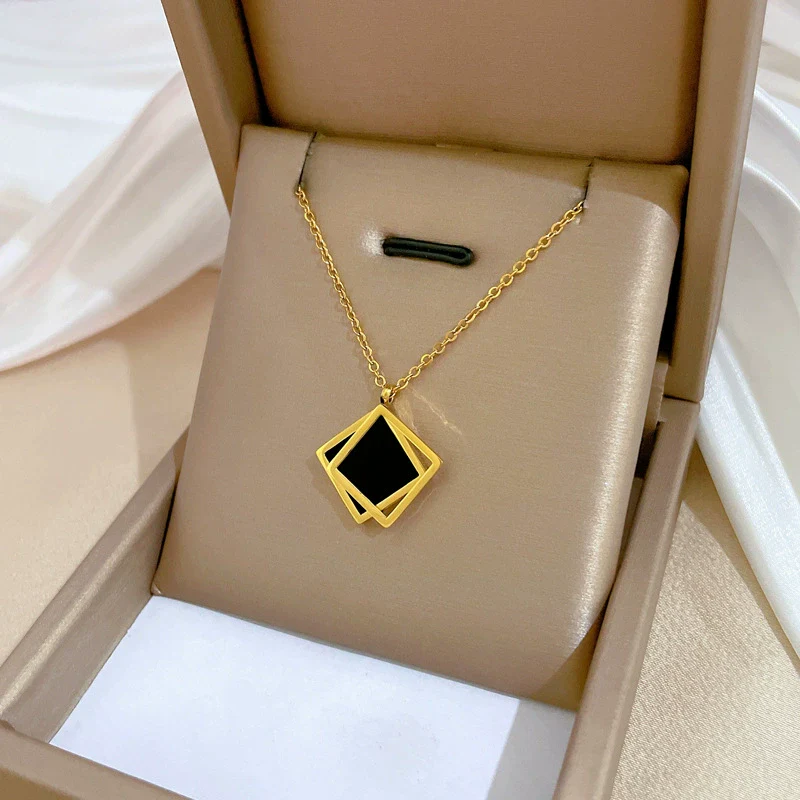 Titanium Steel Geometric Square Necklace With Furnace Real Gold Electroplating For Unisex - Image 3